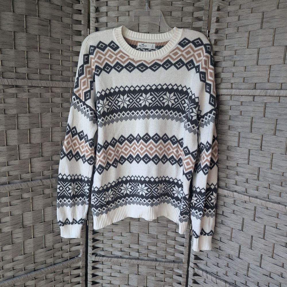 Hollister Fair Isle Snowflake‎ Cotton Crewneck Sweater Cream Black Tan Cabincore
